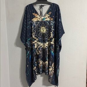 NWT Johnny Was Navy blue V-Neck Kaftan Tunic silver/gold striped